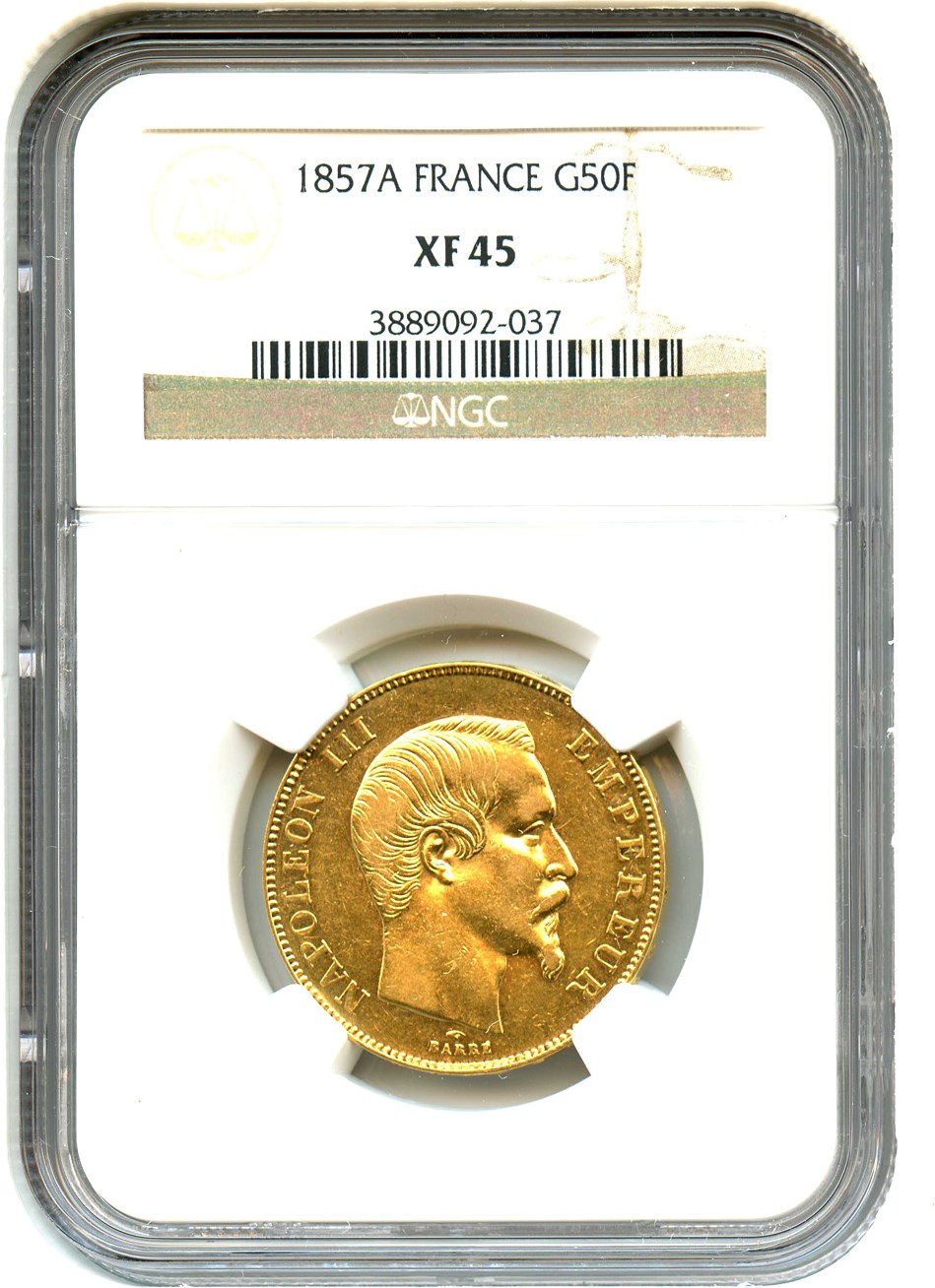 image for: France: 1857-A Gold 50 Franc NGC XF45 (KM-785.1) .4667oz Gold