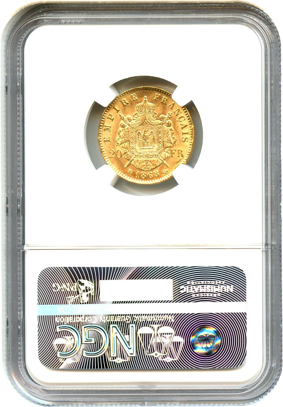 image for: France: 1868-BB 20 Gold Franc NGC MS62 (KM-801.2) .1867oz Gold