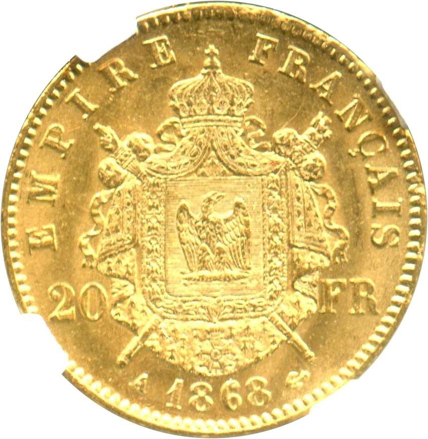 image for: France: 1868-A 20 Gold France NGC MS62 (KM-801.1) .1867oz Gold