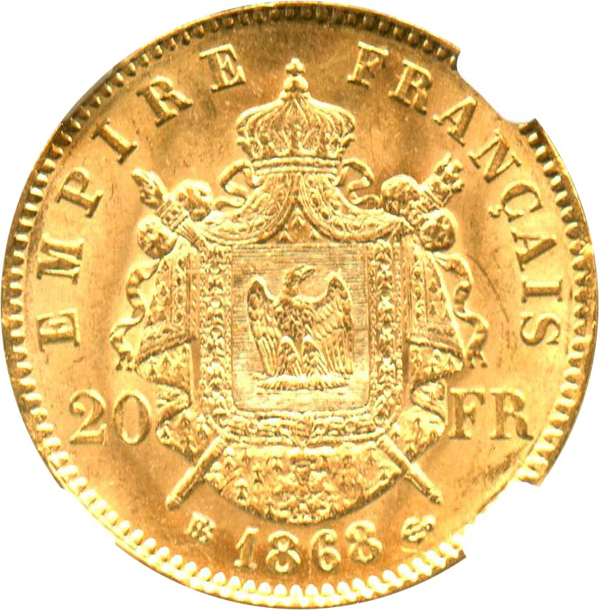 image for: France: 1868-BB 20 Gold Franc NGC MS62 (KM-801.2) .1867oz Gold