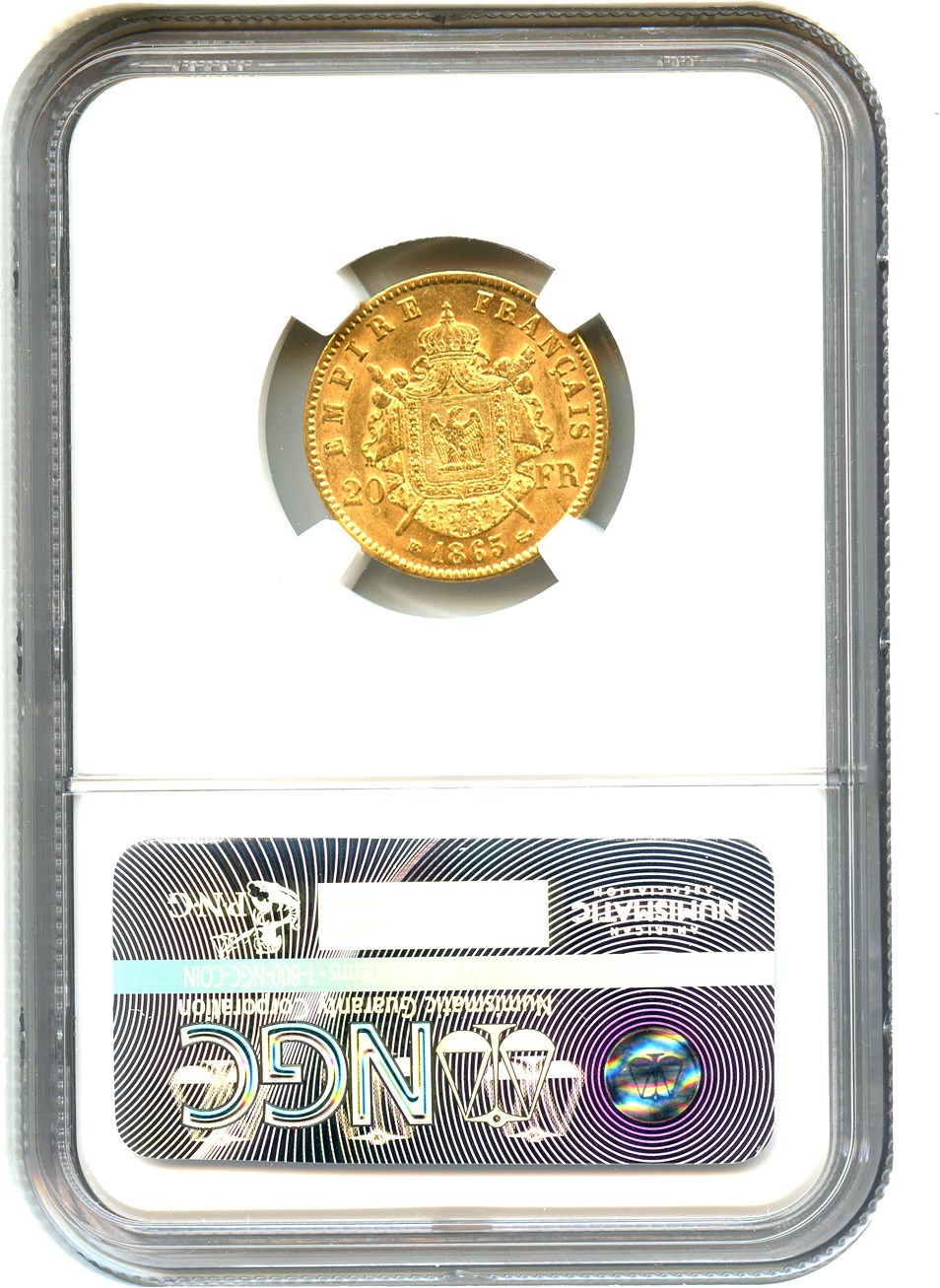 image for: France: 1865-BB 20 Gold Franc NGC AU58 (KM-801.2) .1867oz Gold