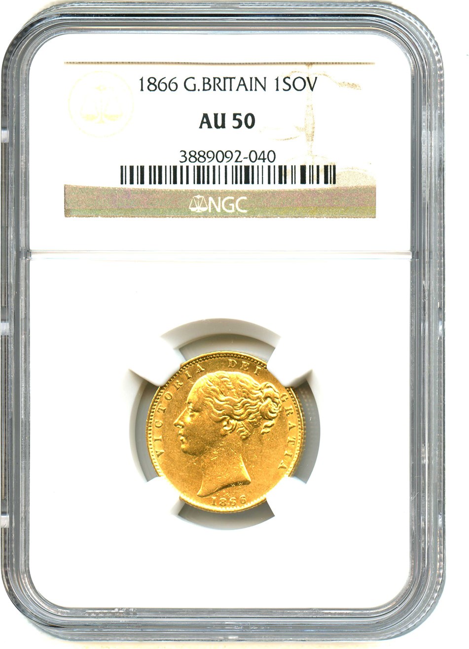 image for: Great Britain: 1866 Gold Sovereign NGC AU50 (KM-736.2) .2355oz Gold