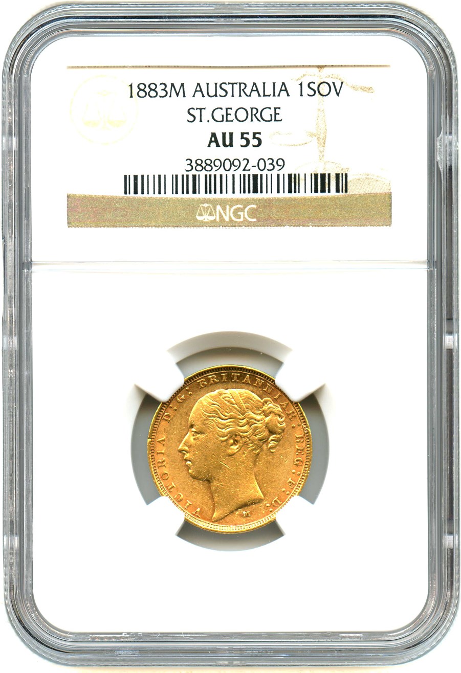 image for: Australia: 1883-M St.George Gold Sovereign NGC AU55 (KM-7) .2354oz Gold