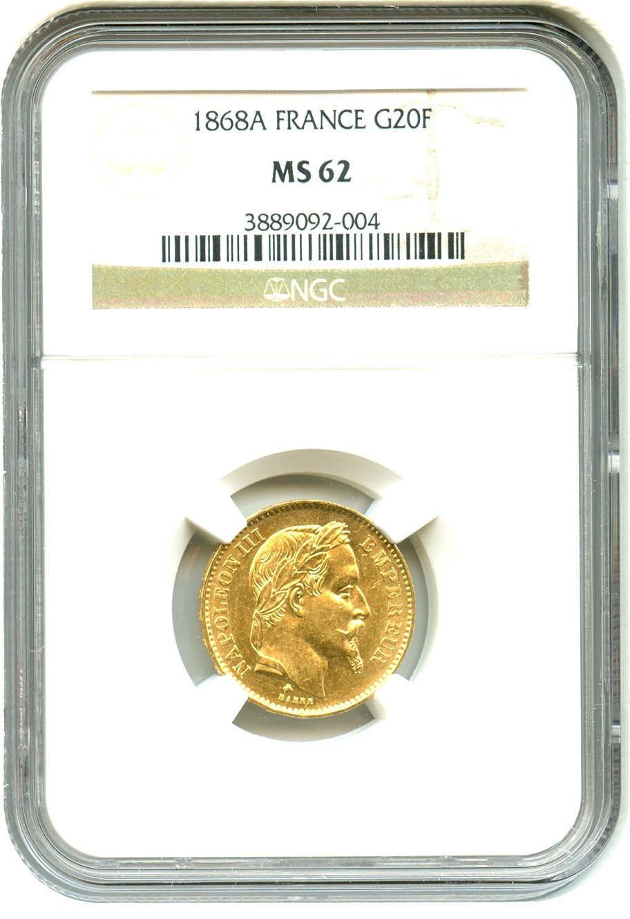 image for: France: 1868-A 20 Gold France NGC MS62 (KM-801.1) .1867oz Gold
