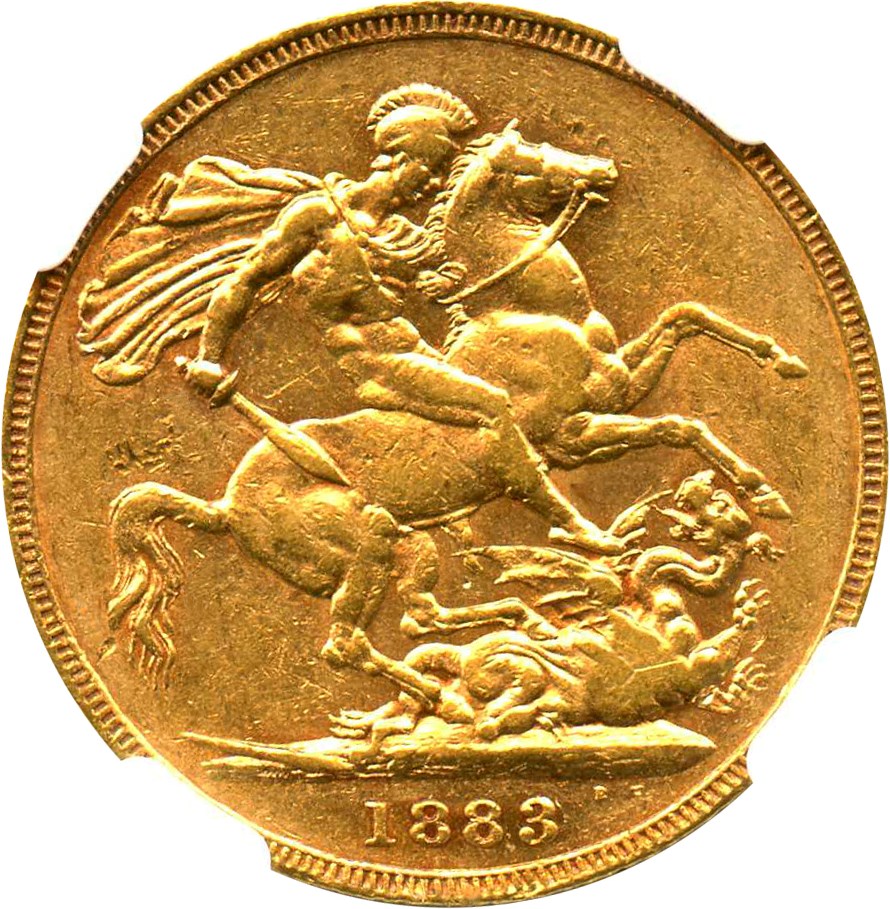 image for: Australia: 1883-M St.George Gold Sovereign NGC AU55 (KM-7) .2354oz Gold
