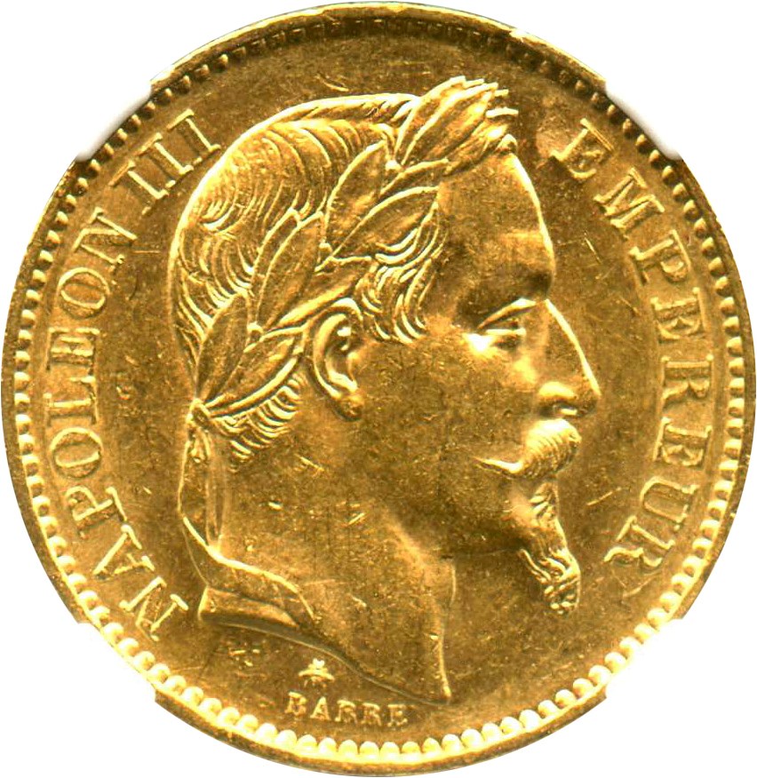 image for: France: 1868-A 20 Gold France NGC MS62 (KM-801.1) .1867oz Gold