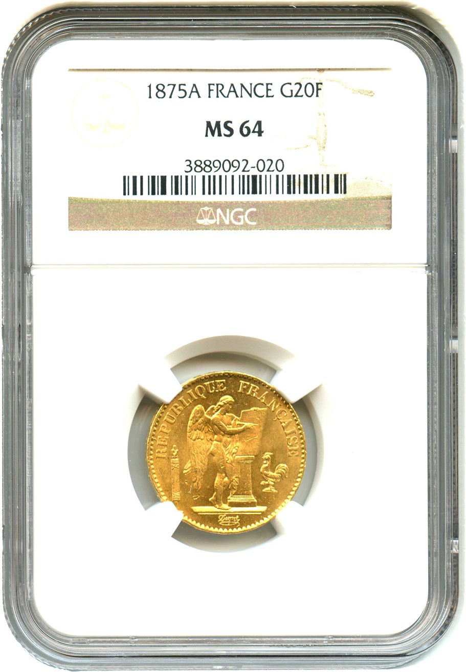 image for: France: 1875-A 20 Gold Franc NGC MS64 (KM-825) .1867oz Gold