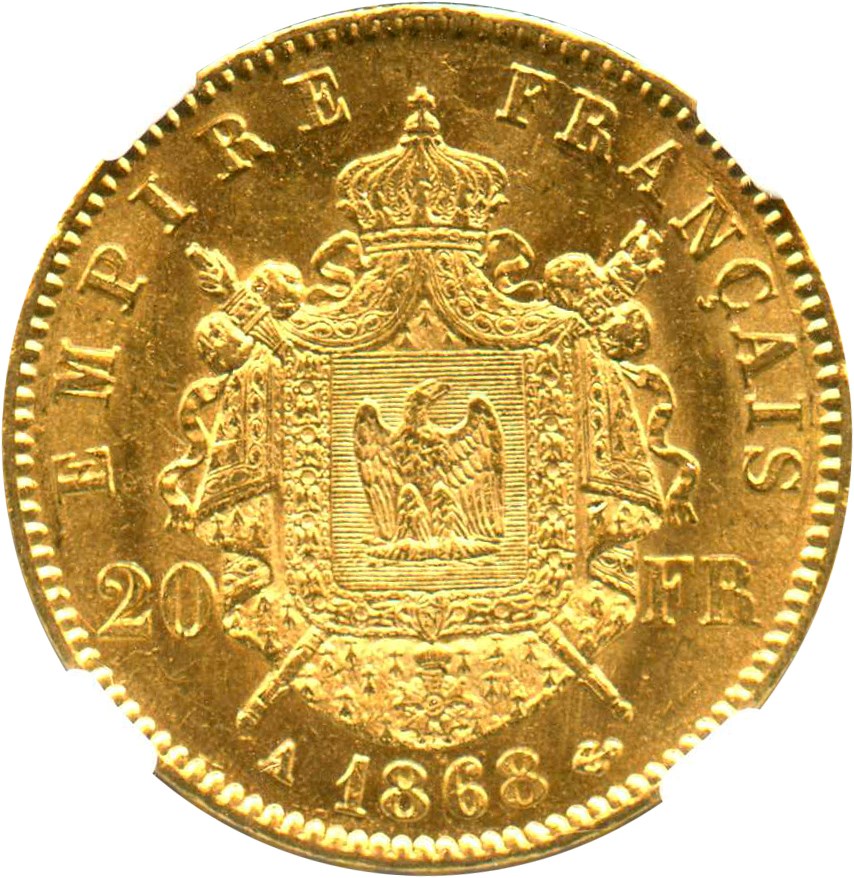 image for: France: 1868-A 20 Gold France NGC MS62 (KM-801.1) .1867oz Gold