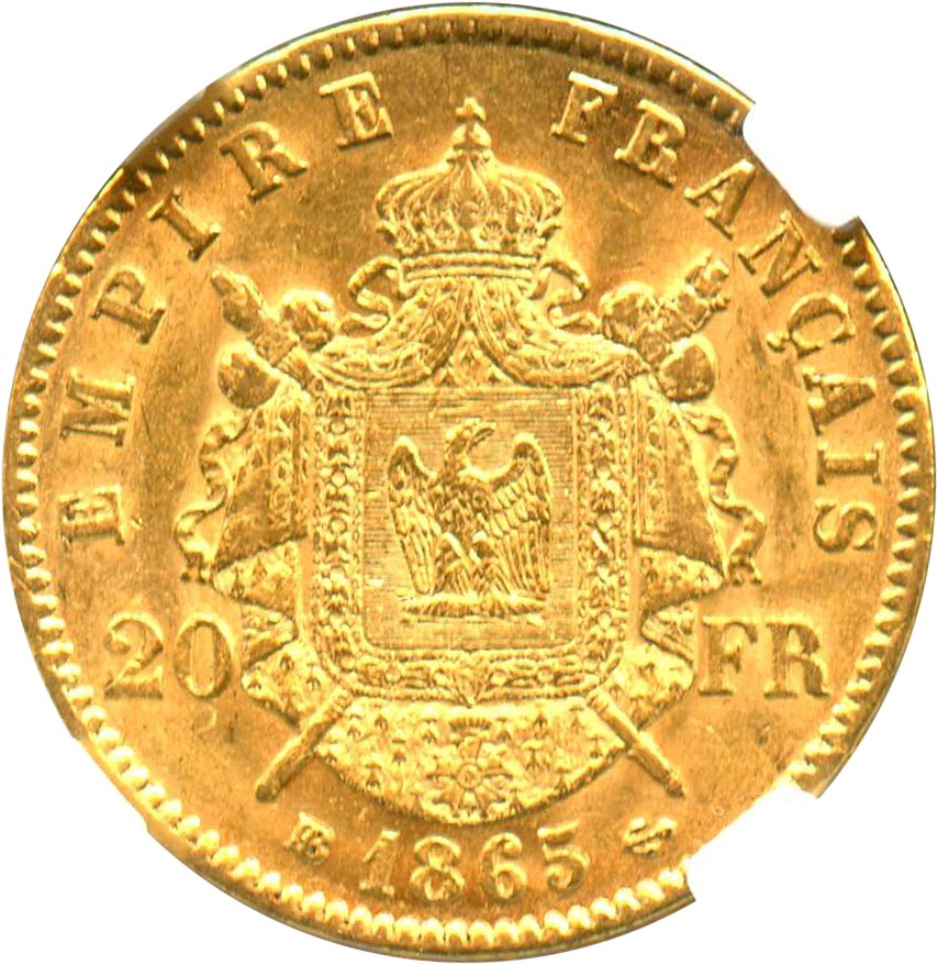 image for: France: 1865-BB 20 Gold Franc NGC AU58 (KM-801.2) .1867oz Gold