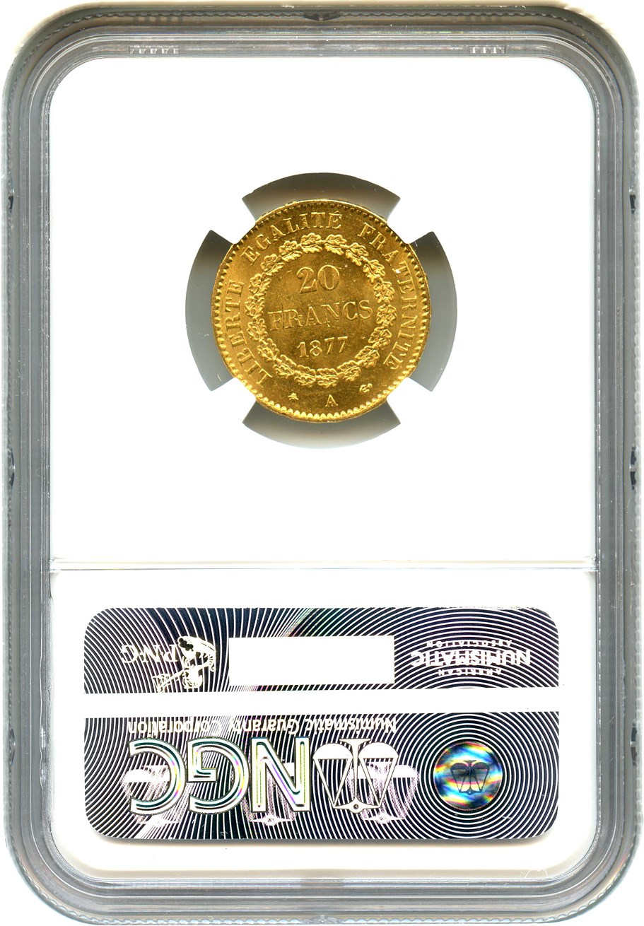 image for: France: 1877-A 20 Gold Franc NGC MS65 (KM-825) .1867oz Gold