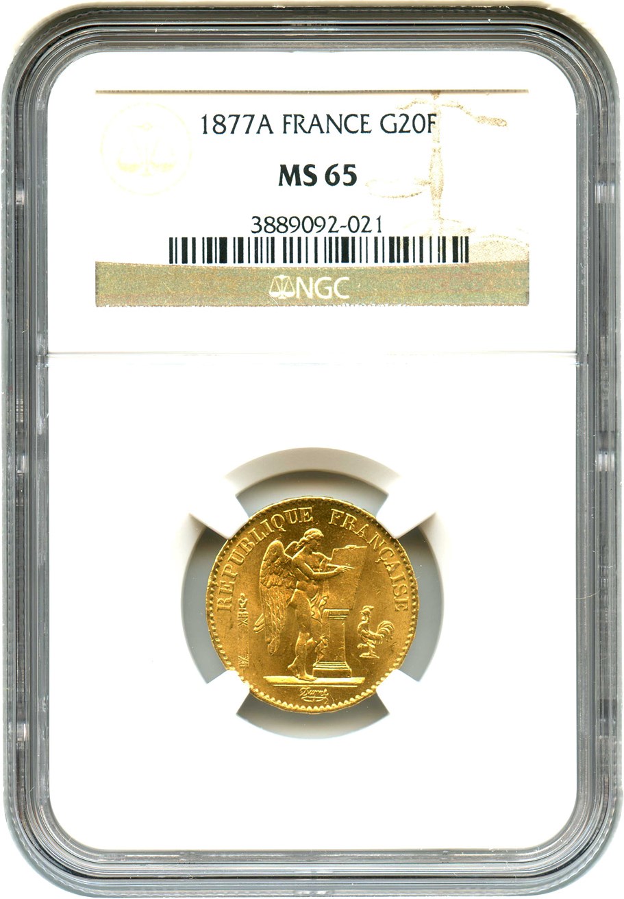image for: France: 1877-A 20 Gold Franc NGC MS65 (KM-825) .1867oz Gold