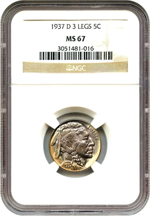 image for: 1937-D 3 Legged 5c NGC MS67