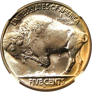 image for: 1937-D 3 Legged 5c NGC MS67