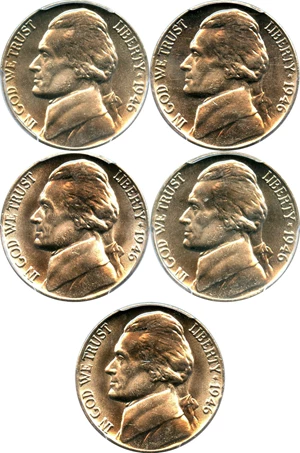 image for: Investor Lot of 1946 5c: All PCGS MS65 (5 Coins)