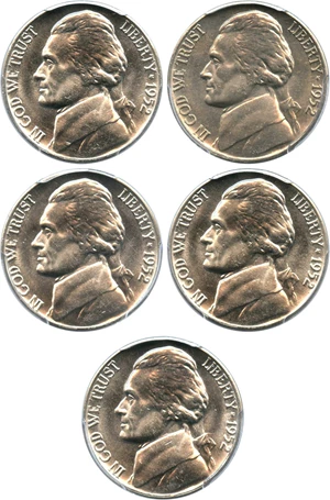 image for: Investor Lot of 1952-D 5c: All PCGS MS65 (5 Coins)