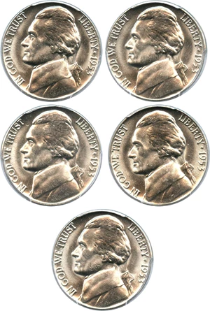 image for: Investor Lot of 1953-D 5c: All PCGS MS65 (5 Coins)
