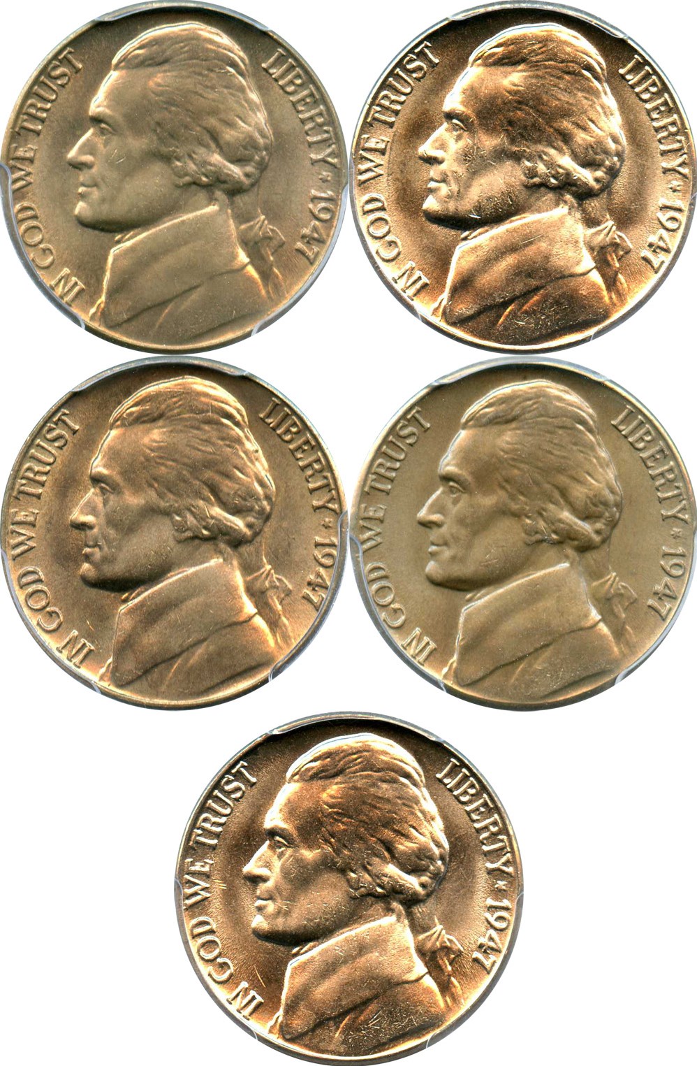 image for: Investor Lot of 1947-D 5c: All PCGS MS65 (5 Coins)
