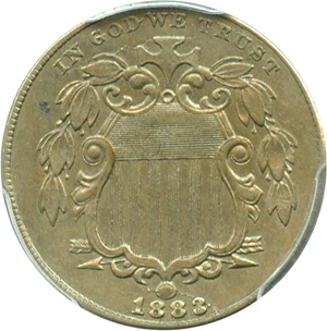 image for: 1883/2 Shield 5c PCGS/CAC AU55