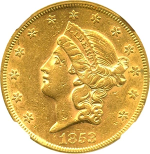 image for: 1853 $20 NGC AU55