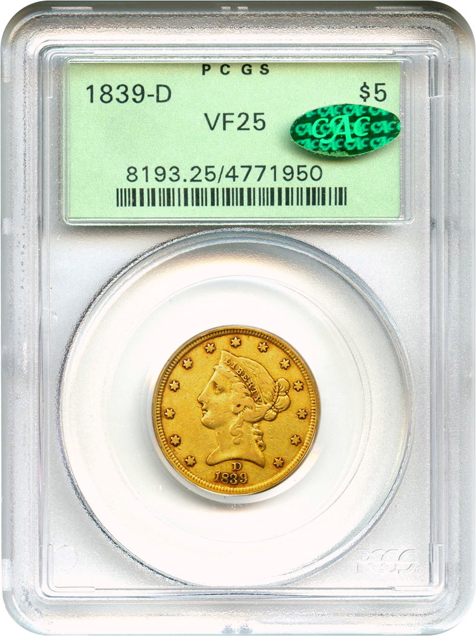 image for: 1839-D $5 PCGS/CAC VF25 (OGH)
