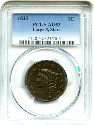 image for: 1835 1c PCGS AU53 BN (Large 8, Stars)