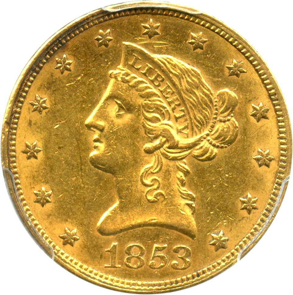 image for: 1853 $10 PCGS AU55