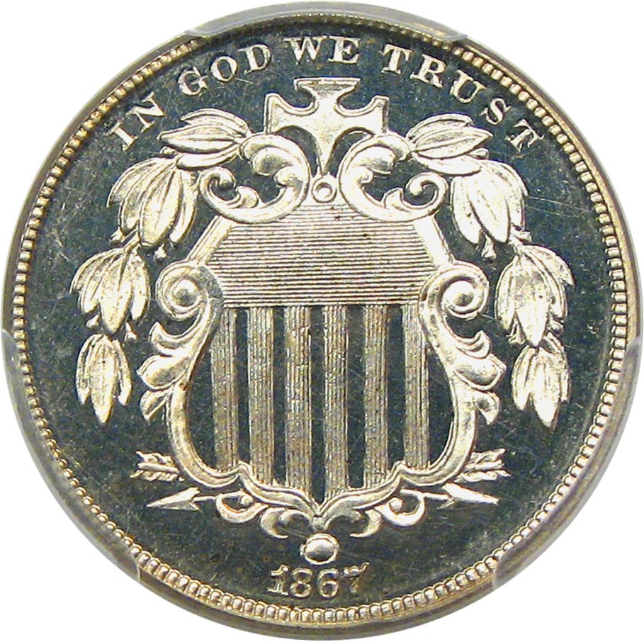 image for: 1867 5c PCGS/CAC Proof 65 CAM (No Rays - Pattern Reverse)