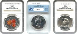 image for: Canada: 2001, 2002 & 2011 $5 Silver Coins: All Graded MS64-68 (3 Coins)