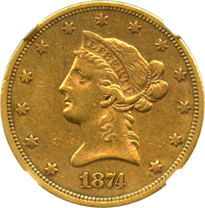image for: 1874-S $10 NGC AU50 - DLRC Discount!