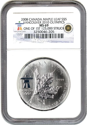 image for: Canada: 2008 $5 Maple Leaf Vancover 2010 Olympics NGC MS69 (KM-800a) .9999oz Silver