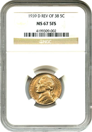 image for: 1939-D 5c NGC MS67 5FS (Reverse of 1938)