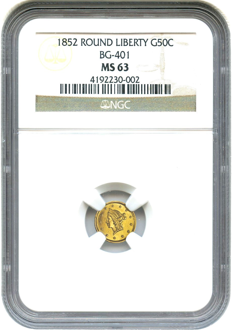 image for: 1852 Cal. Gold 50c NGC MS63 (BG-401)
