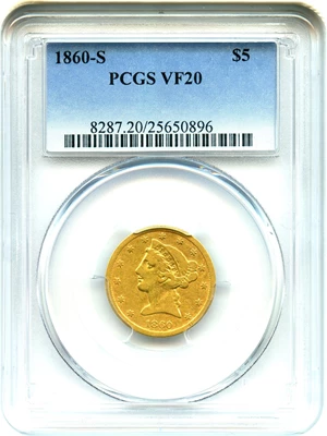 image for: 1860-S $5 PCGS VF20