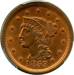image for: 1853 1c PCGS/CAC Secure MS65 RB