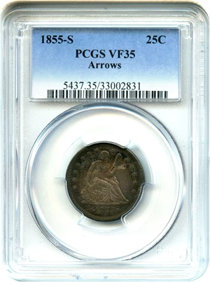 image for: 1855-S 25c PCGS VF35 (Arrows)
