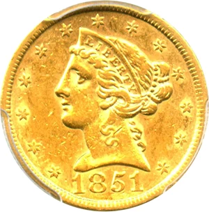 image for: 1851 $5 PCGS AU53