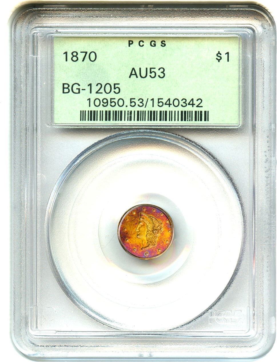 image for: 1870 Cal. Gold $1 PCGS AU53 (BG-1205, OGH)