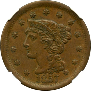 image for: 1857 1c NGC/CAC AU55 BN (Large Date, N-1)