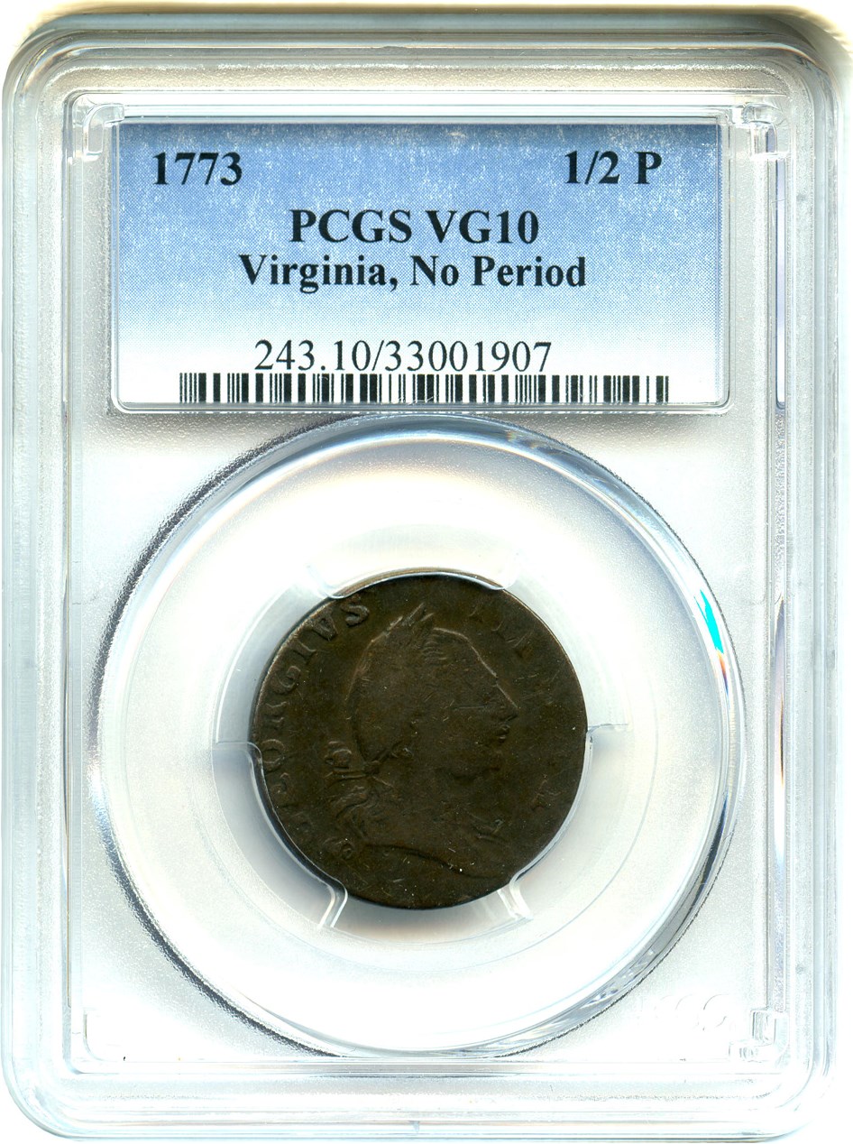 image for: 1773 Virginia Halfpenny PCGS VG-10 (No Period)