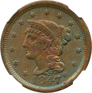 image for: 1847/7 1c NGC AU50 BN (Large/Small 47, N-31)