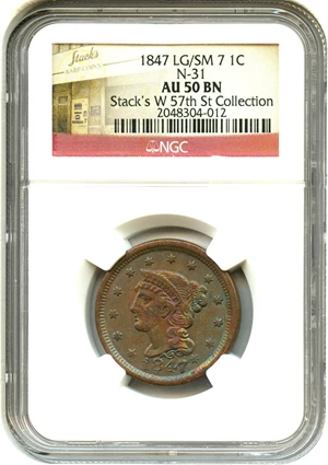 image for: 1847/7 1c NGC AU50 BN (Large/Small 47, N-31)
