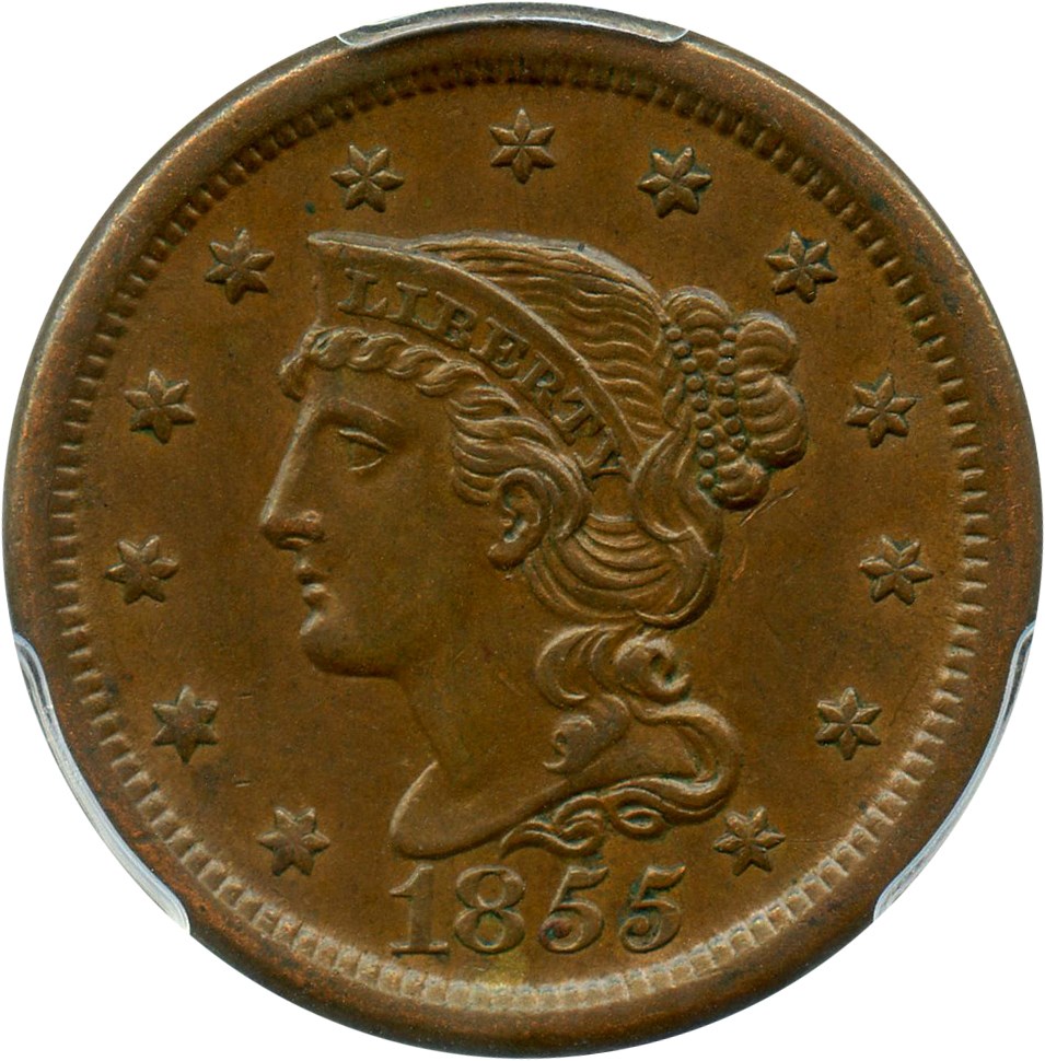 image for: 1855 1c PCGS/CAC MS63 BN (Slanted 55)