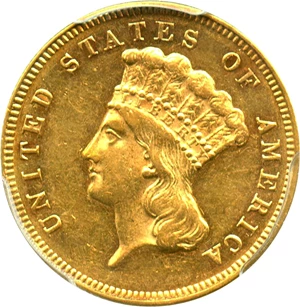 image for: 1870 $3 PCGS/CAC AU58