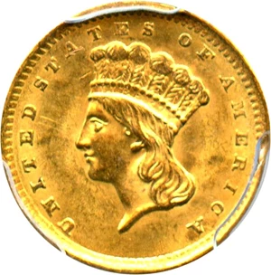 image for: 1856 G$1 PCGS MS62 (Type 3, Slanted 5)