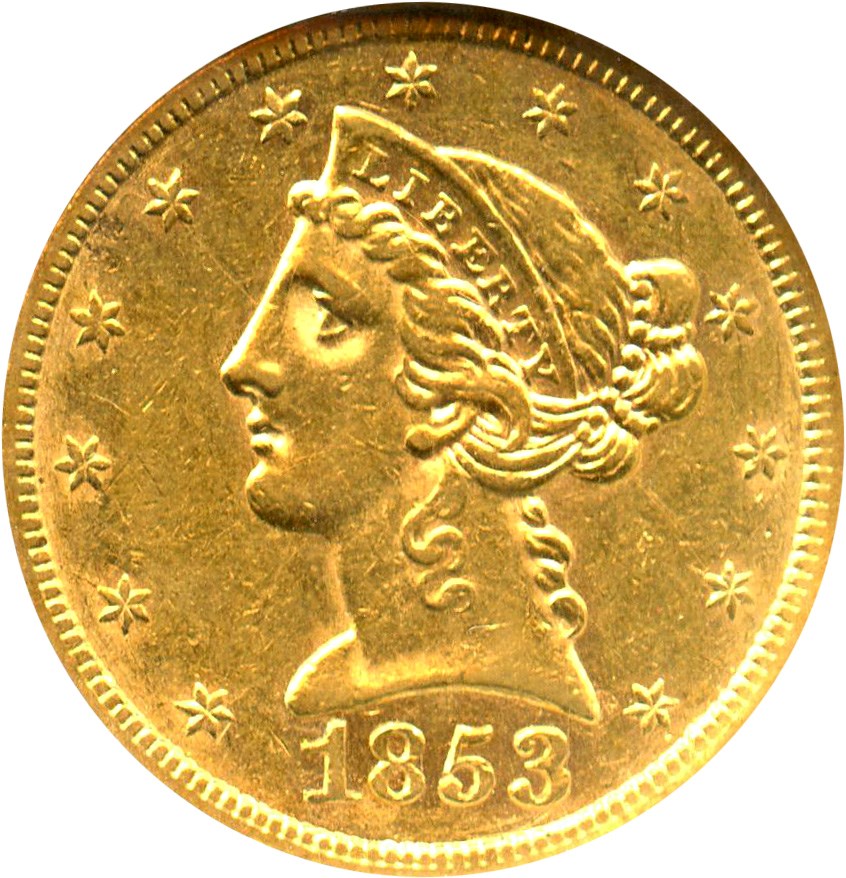 image for: 1853 $5 NGC AU55