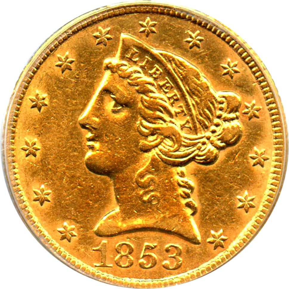 image for: 1853 $5 PCGS AU50