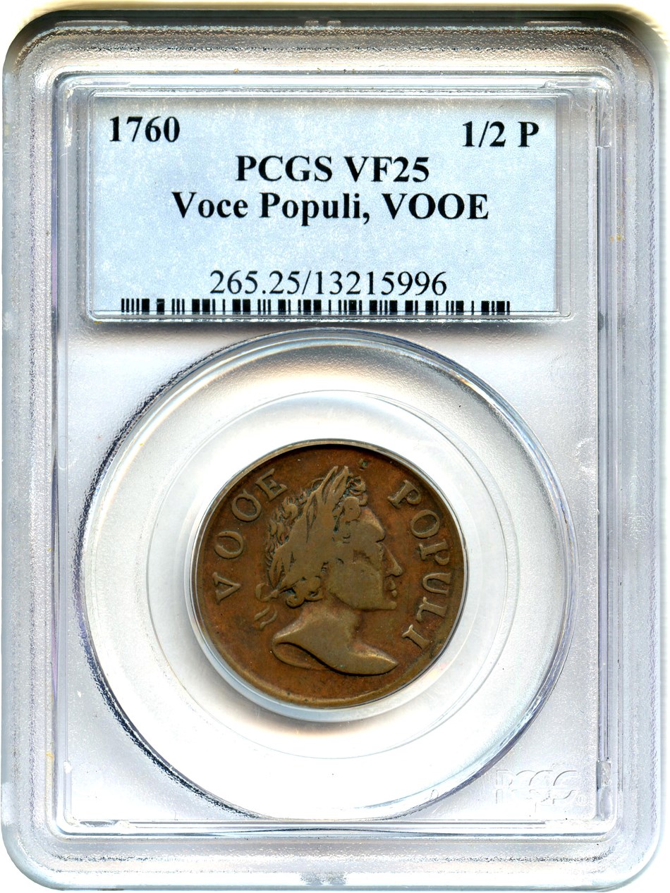 image for: 1760 Voce Populi Halfpenny PCGS VF25 BN (VOOE)