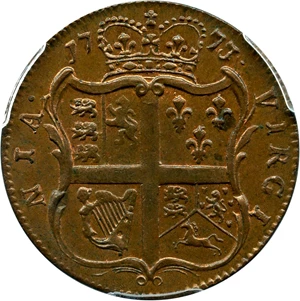 image for: 1773 Virginia Halfpenny PCGS MS64 BN (With Period)