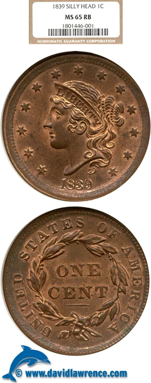 image for: 1839 1c Silly Head NGC MS65 RB