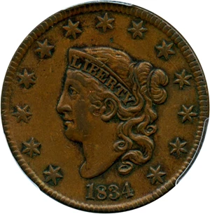 image for: 1834 1c PCGS/CAC AU55 BN (Small 8, Large Stars, Medium Letters)